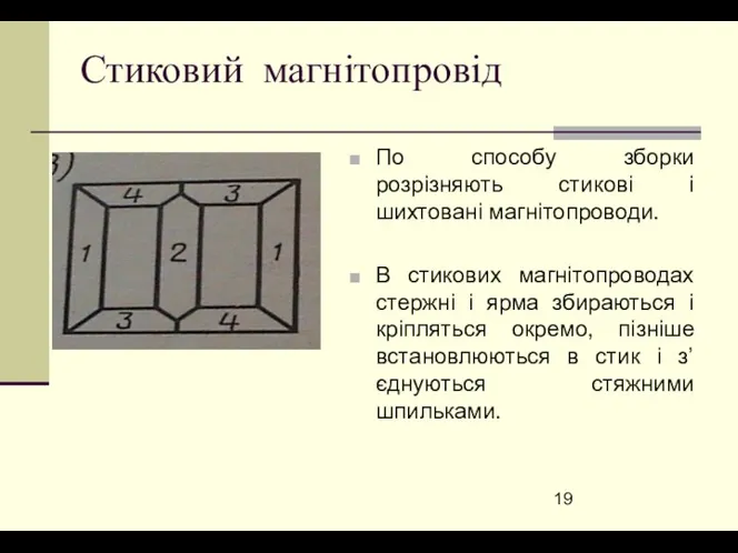 Стиковий магнітопровід По способу зборки розрізняють стикові і шихтовані магнітопроводи.