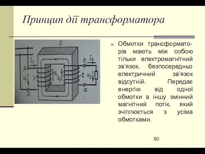 Принцип дії трансформатора Обмотки трансформато-рів мають між собою тільки електромагнітний