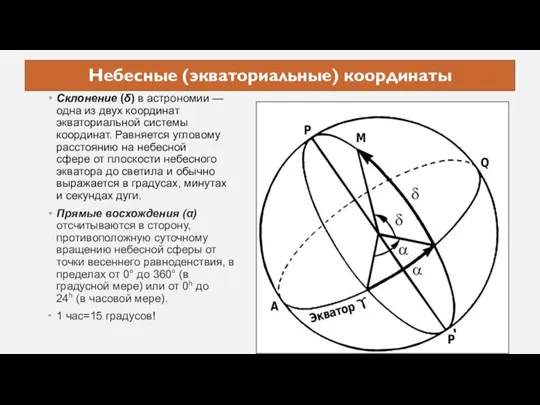 Небесные (экваториальные) координаты Склонение (δ) в астрономии — одна из