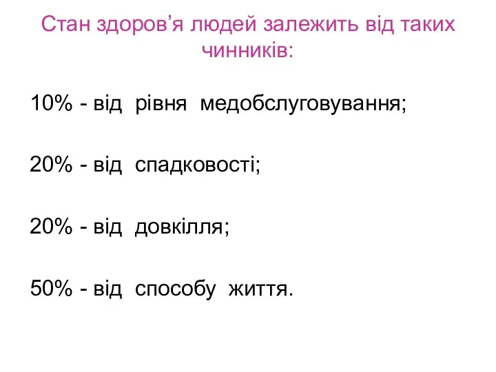 Стан здоров’я людей залежить від таких чинників: 10% - від