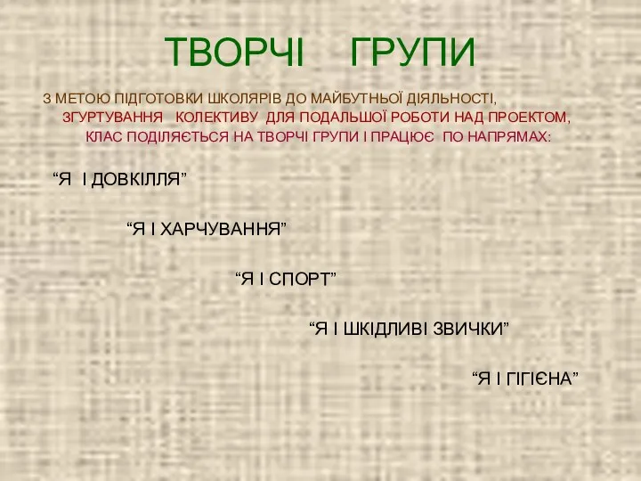 ТВОРЧІ ГРУПИ З МЕТОЮ ПІДГОТОВКИ ШКОЛЯРІВ ДО МАЙБУТНЬОЇ ДІЯЛЬНОСТІ, ЗГУРТУВАННЯ