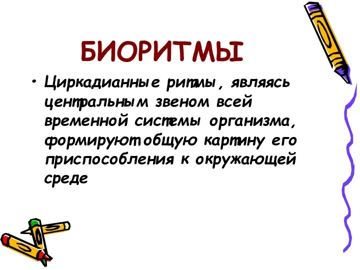 БИОРИТМЫ Циркадианные ритмы, являясь центральным звеном всей временной системы организма,