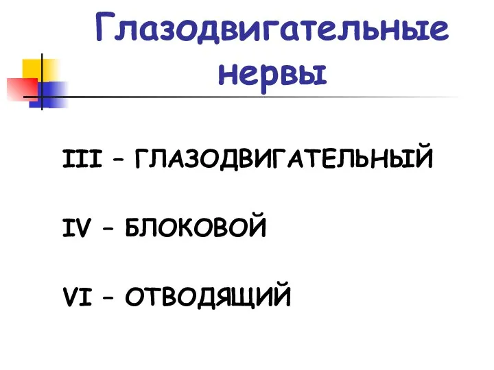 Глазодвигательные нервы III – ГЛАЗОДВИГАТЕЛЬНЫЙ IV – БЛОКОВОЙ VI – ОТВОДЯЩИЙ