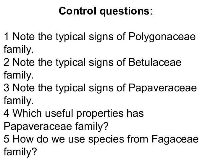 Control questions: 1 Note the typical signs of Polygonaceae family.