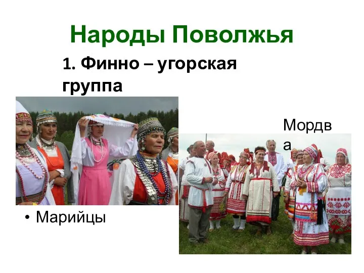 Народы Поволжья Марийцы Мордва 1. Финно – угорская группа