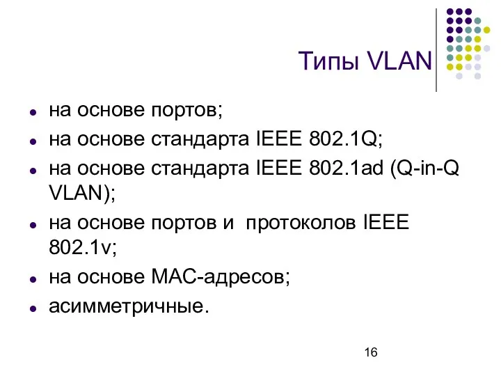 Типы VLAN на основе портов; на основе стандарта IEEE 802.1Q;