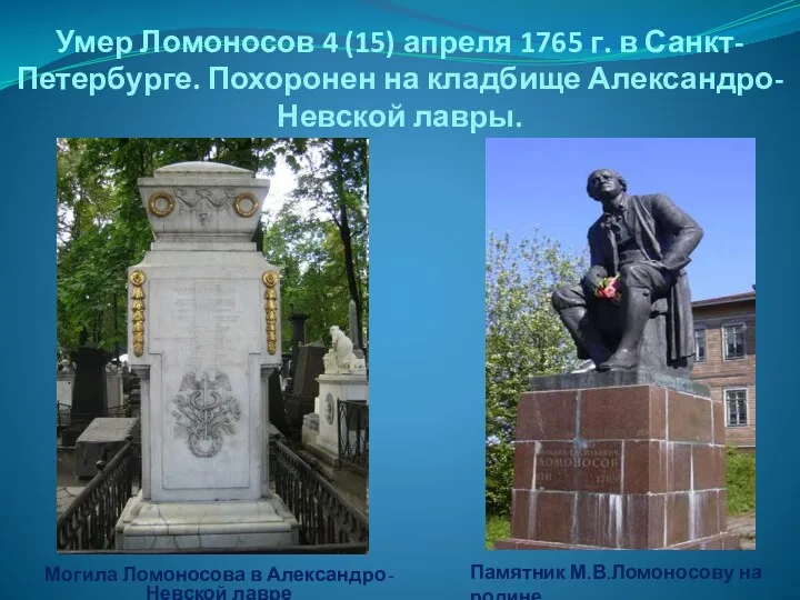 Умер Ломоносов 4 (15) апреля 1765 г. в Санкт-Петербурге. Похоронен