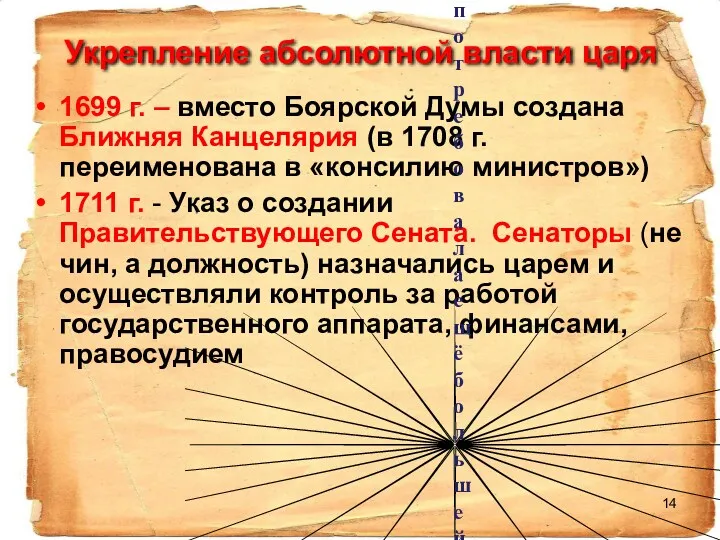 Укрепление абсолютной власти царя 1699 г. – вместо Боярской Думы