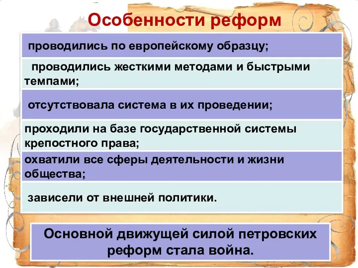 Особенности реформ проводились по европейскому образцу; проводились жесткими методами и