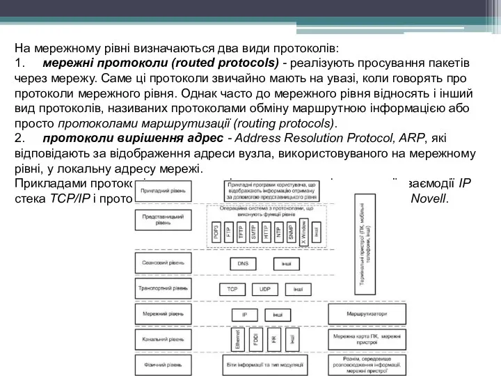 На мережному рівні визначаються два види протоколів: 1. мережні протоколи