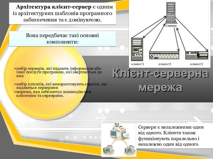 Клієнт-серверна мережа Архітектура клієнт-сервер є одним із архітектурних шаблонів програмного