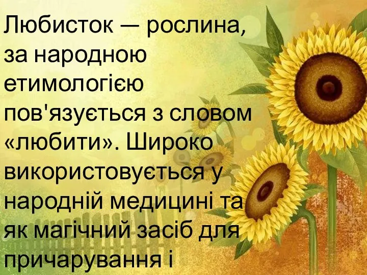 Любисток — рослина, за народною етимологією пов'язується з словом «любити».