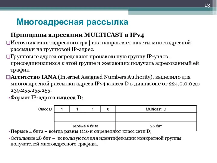 Принципы адресации MULTICAST в IPv4 Источник многоадресного трафика направляет пакеты