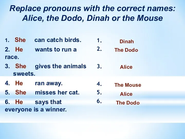 Replace pronouns with the correct names: Alice, the Dodo, Dinah