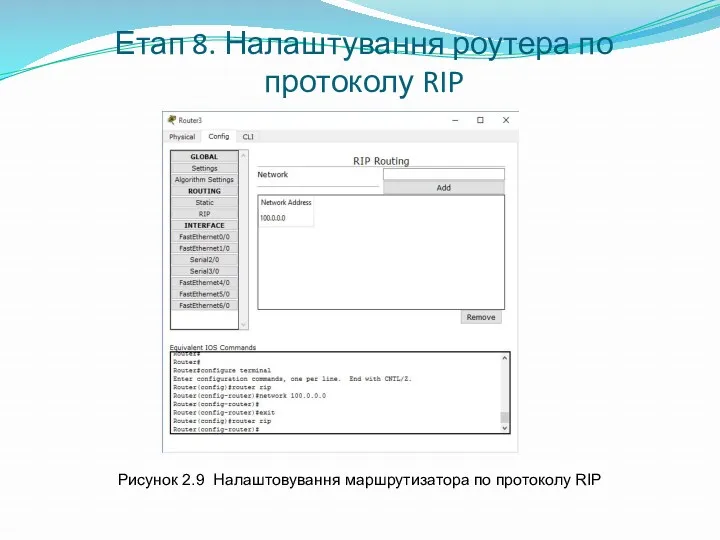 Етап 8. Налаштування роутера по протоколу RIP Рисунок 2.9 Налаштовування маршрутизатора по протоколу RIP