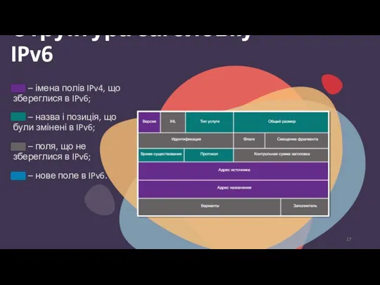 Структура заголовку IPv6 – імена полів IPv4, що збереглися в
