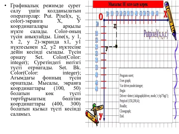 Графикалық режимде сурет салу үшін қолданылатын операторлар: Put. Pixel(x, y,