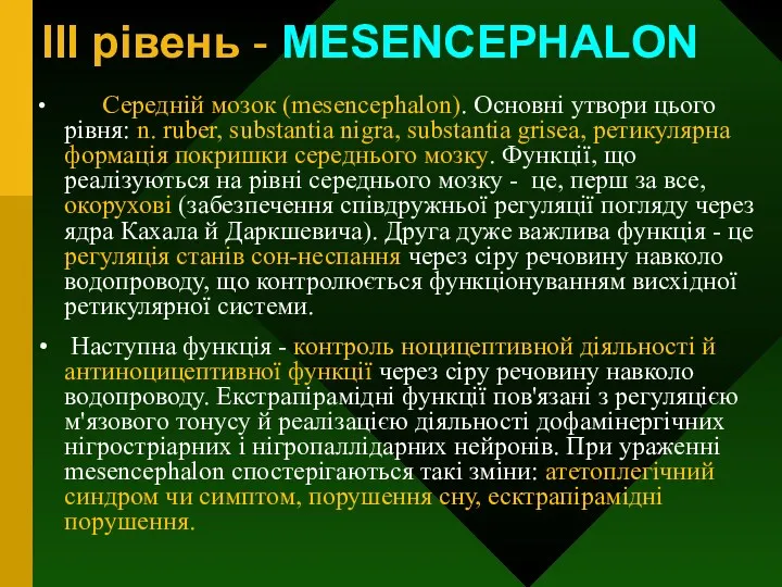 III рівень - MESENCEPHALON Середній мозок (mesencephalon). Основні утвори цього