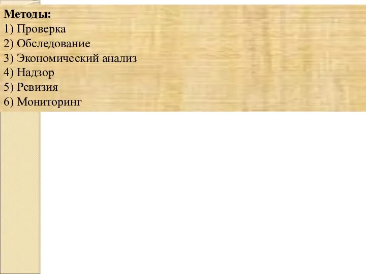 Методы: 1) Проверка 2) Обследование 3) Экономический анализ 4) Надзор 5) Ревизия 6) Мониторинг