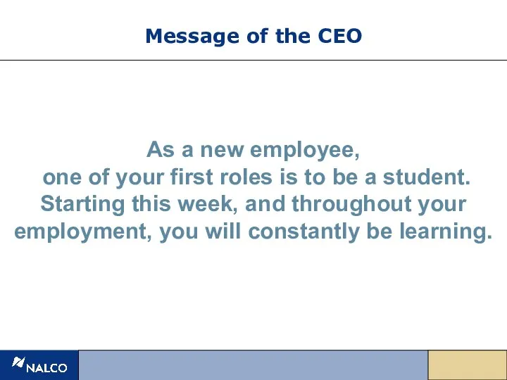 Message of the CEO As a new employee, one of