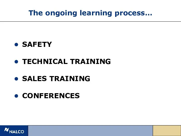 The ongoing learning process… SAFETY TECHNICAL TRAINING SALES TRAINING CONFERENCES