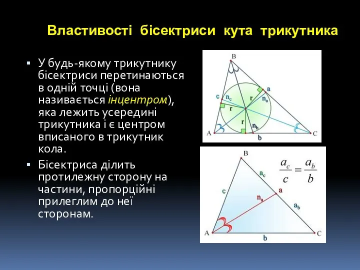 Властивості бісектриси кута трикутника У будь-якому трикутнику бісектриси перетинаються в