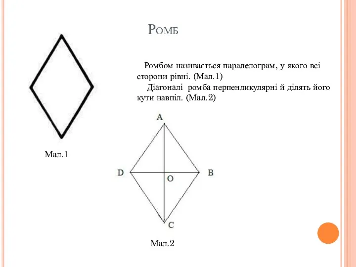 Ромб Мал.1 Ромбом називається паралелограм, у якого всі сторони рівні.