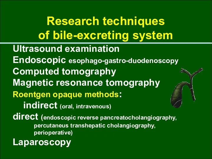 Ultrasound examination Endoscopic esophago-gastro-duodenoscopy Computed tomography Magnetic resonance tomography Roentgen