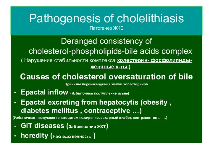 Deranged consistency of cholesterol-phospholipids-bile acids complex ( Нарушение стабильности комплекса