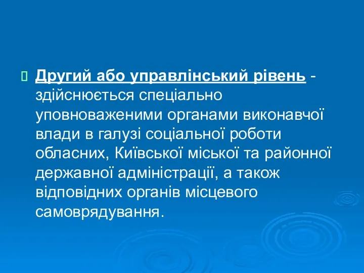 Другий або управлінський рівень - здійснюється спеціально уповноваженими органами виконавчої