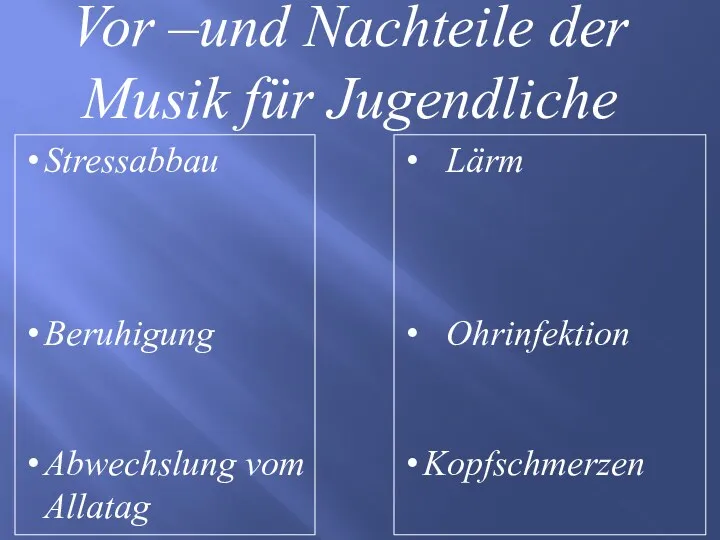 Vor –und Nachteile der Musik für Jugendliche Stressabbau Beruhigung Abwechslung vom Allatag Lärm Ohrinfektion Kopfschmerzen