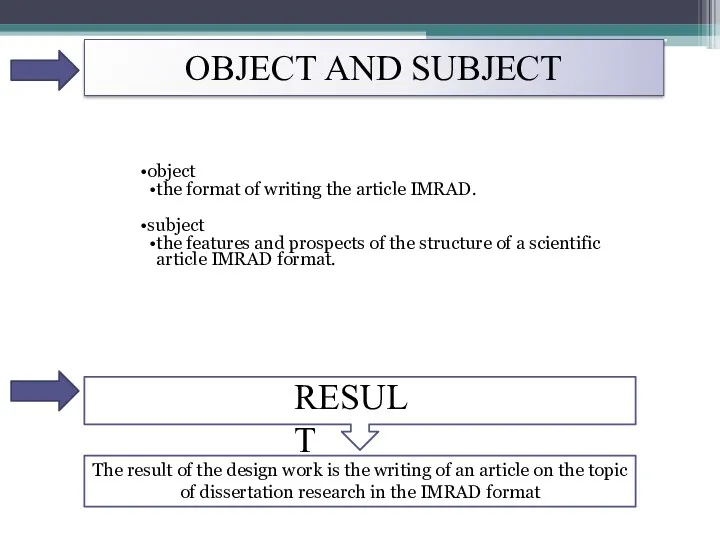 OBJECT AND SUBJECT RESULT object the format of writing the article IMRAD. subject