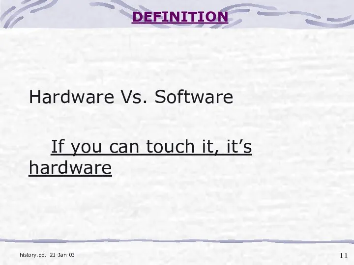 DEFINITION Hardware Vs. Software If you can touch it, it’s hardware