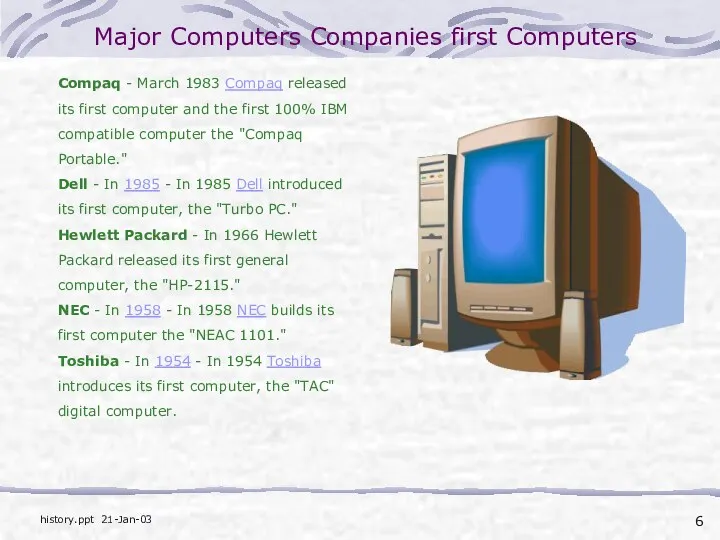 Major Computers Companies first Computers Compaq - March 1983 Compaq