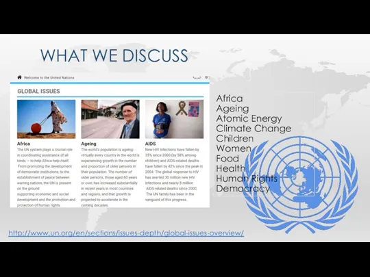 WHAT WE DISCUSS http://www.un.org/en/sections/issues-depth/global-issues-overview/ Africa Ageing Atomic Energy Climate Change