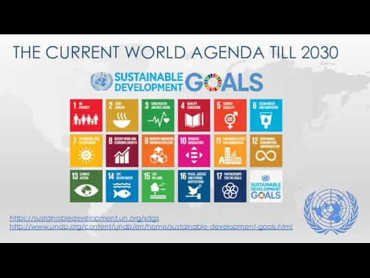 THE CURRENT WORLD AGENDA TILL 2030 https://sustainabledevelopment.un.org/sdgs http://www.undp.org/content/undp/en/home/sustainable-development-goals.html