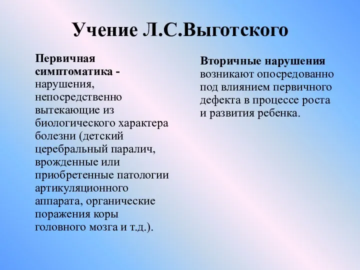 Учение Л.С.Выготского Первичная симптоматика - нарушения, непосредственно вытекающие из биологического