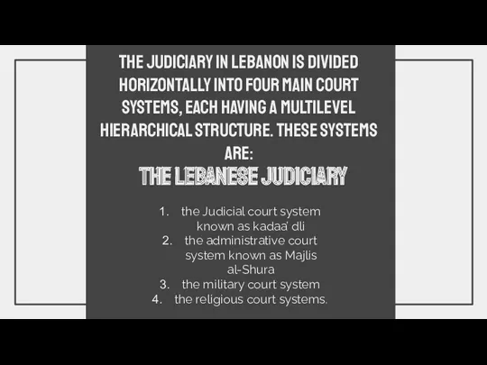 The Lebanese Judiciary The judiciary in Lebanon is divided horizontally