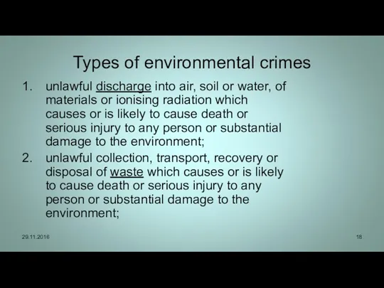 Types of environmental crimes unlawful discharge into air, soil or