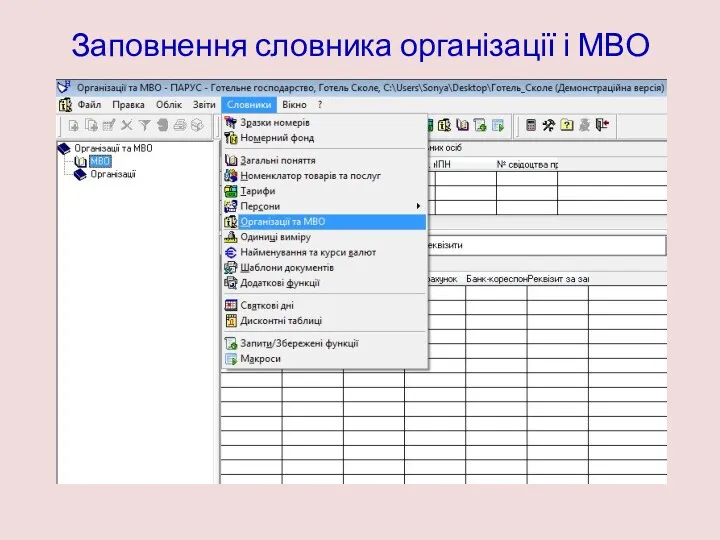 Заповнення словника організації і МВО