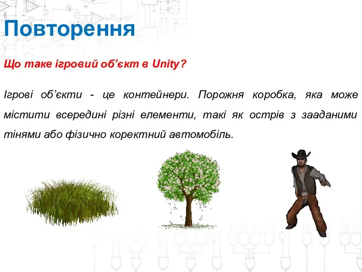 Повторення Що таке ігровий об’єкт в Unity? Ігрові об’єкти -