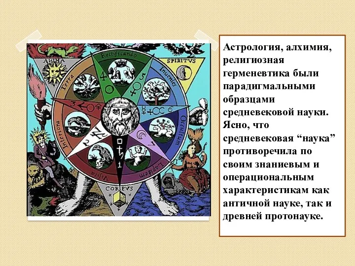 Астрология, алхимия, религиозная герменевтика были парадигмальными образцами средневековой науки. Ясно,