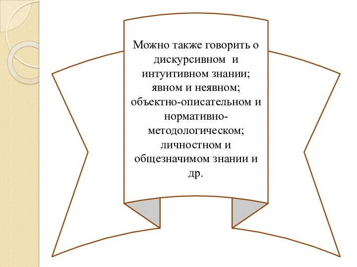 Можно также говорить о дискурсивном и интуитивном знании; явном и