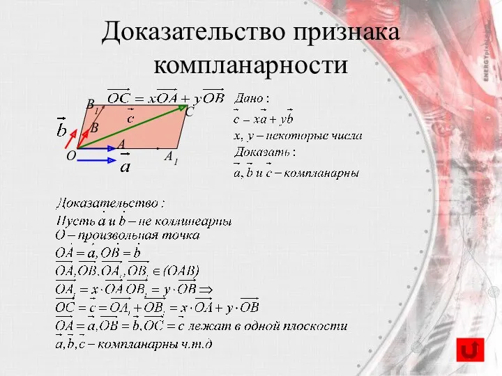 Доказательство признака компланарности С O A1 B1 B A