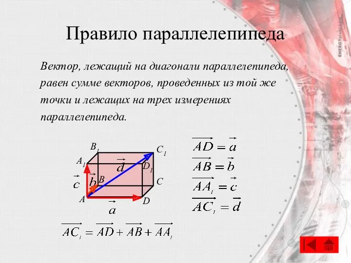 Правило параллелепипеда B А C D A1 B1 C1 D1