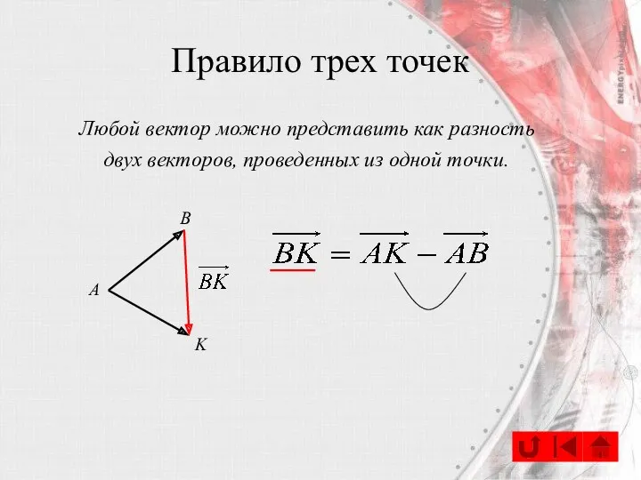 Правило трех точек Любой вектор можно представить как разность двух