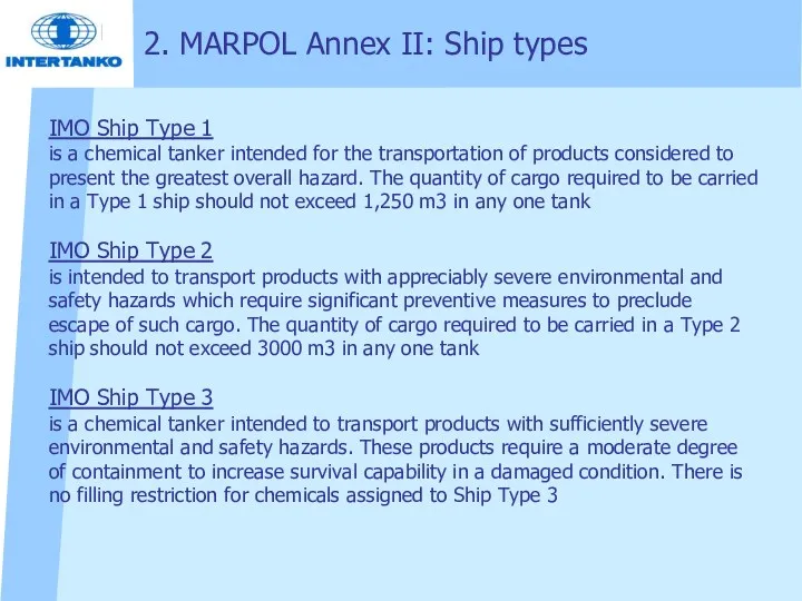 IMO Ship Type 1 is a chemical tanker intended for