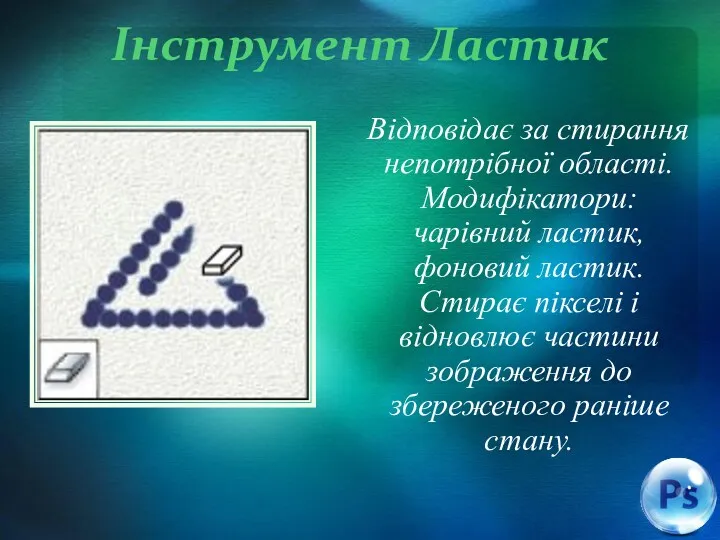 Інструмент Ластик Відповідає за стирання непотрібної області. Модифікатори: чарівний ластик,