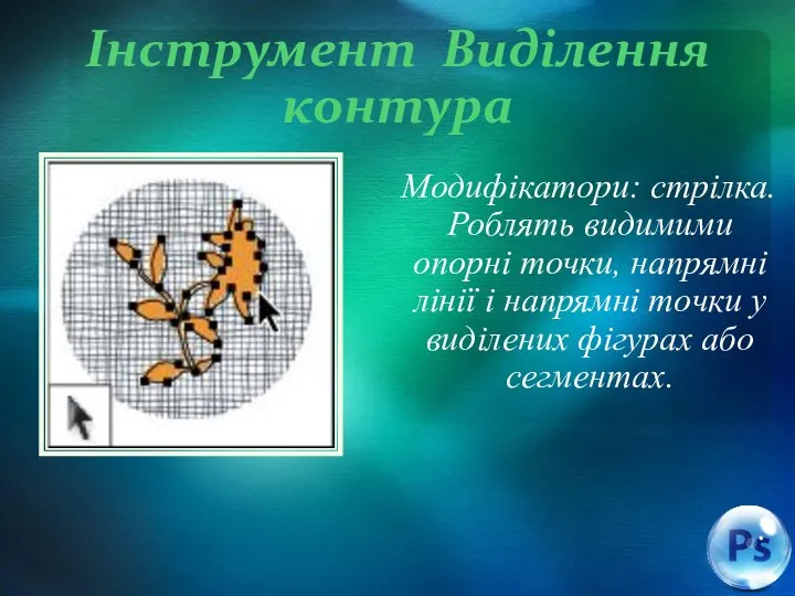 Інструмент Виділення контура Модифікатори: стрілка. Роблять видимими опорні точки, напрямні