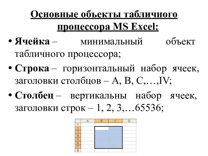 Основные объекты табличного процессора MS Excel: Ячейка – минимальный объект